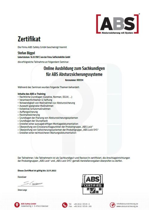 Zertifikat Ausbildung zum Sachkundigen für ABS Absturzsicherungssysteme 1 - SeilTechnik Ulm